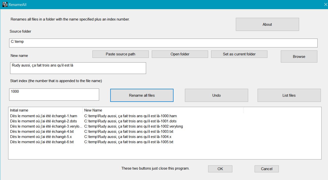 RenameAll program for MS Windows, a utility program for renaming a set of files in a folder.